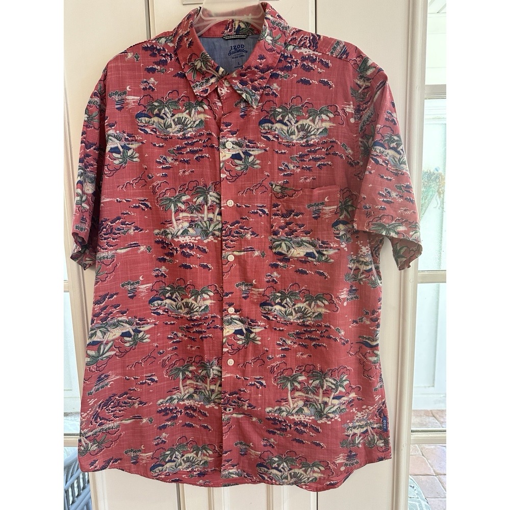 Izod Saltwater Relaxed Classic Fit Tropical Hawaiian Button Up Shirt Size Large
